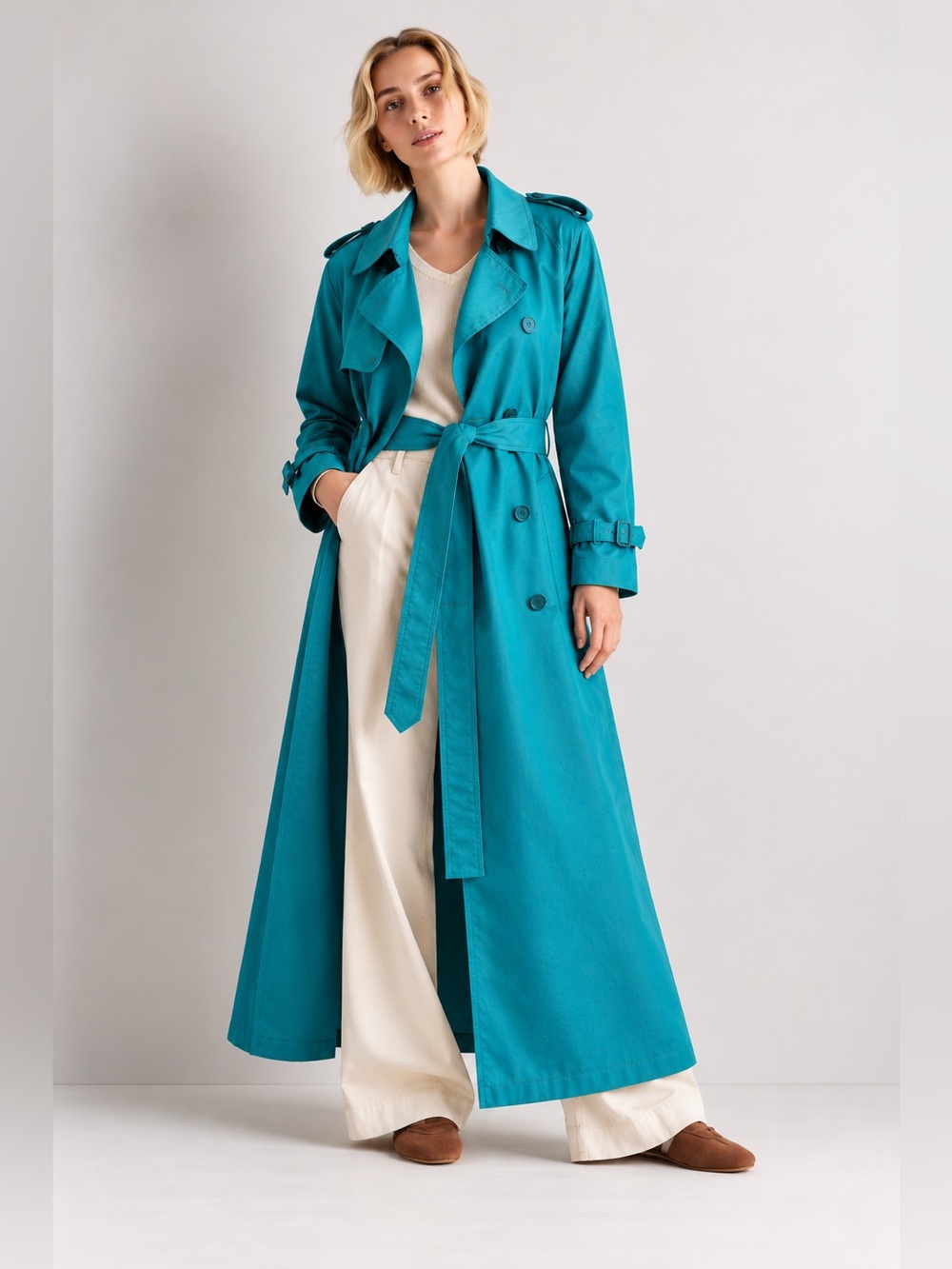 London Fog Teal Double-Breasted Trench Coat with Belt